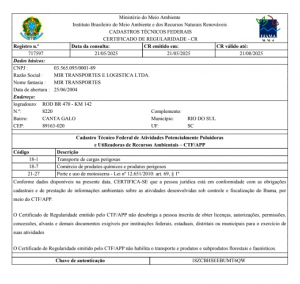 Certificado de Regularidade do IBAMA – Matriz Val. 21/08/2025