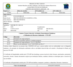 Certificado de Regularidade do IBAMA – Matriz Val. 04/05/2026