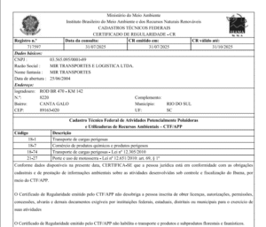 Certificado de Regularidade do IBAMA – Matriz Val. 21/08/2025