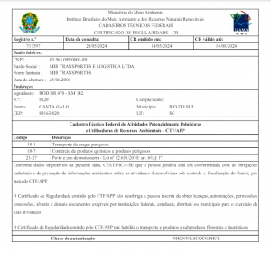Certificado de Regularidade do IBAMA – Matriz Val. 14/08/2024