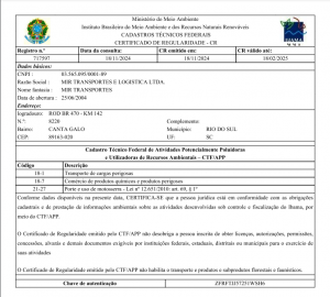 Certificado de Regularidade do IBAMA – Matriz Val. 18/02/2024