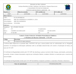 Certificado de Regularidade IBAMA – Guarulhos Val. 22/08/2024