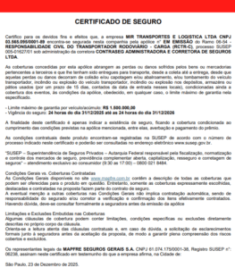 CERTIFICADO DE SEGURO – TRANSPORTADOR RODOVIÁRIO – CARGA Val. 31/12/2026