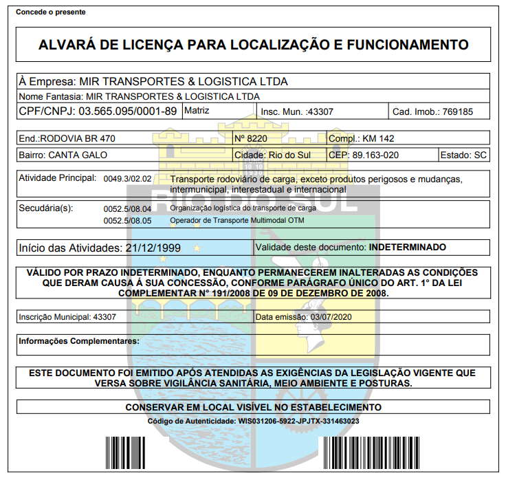 ALVARÁ FUNCIONAMENTO MATRIZ - Mirindosul