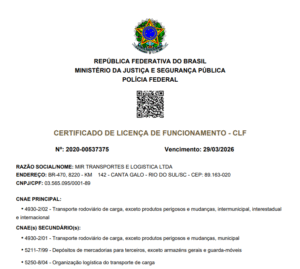 Certificado de Licença de Funcionamento MATRIZ – CLF – Valid 29/03/2025