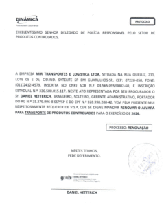 Licença para o transporte de produtos químicos controlados – Valid. 31-12-2026