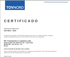 Certificado sistema de gestão para ISO 9001 : 2015